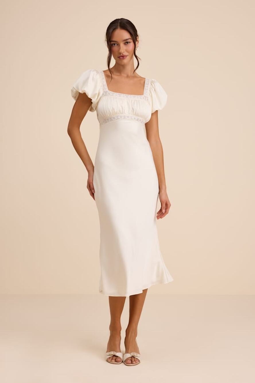 Lulus Catherine Ivory Satin Puff Sleeve Slip Midi Dress Romantic Cocktail L NWT
